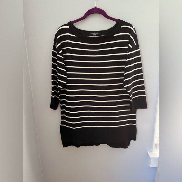 Cable & Gauge,Women’s Classic Black and White Striped Sweater, 3/4 sleeves - Picture 1 of 8